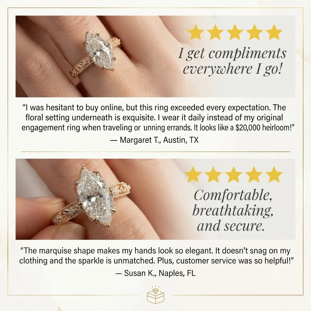 Brilliant 4-Carat Marquise Solitaire Ring with Vintage Floral Setting | Comfortable Everyday Elegance & Sparkle