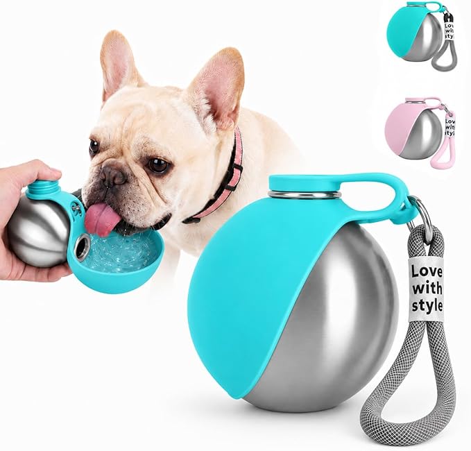 Portable Dog Water Bottle, 10 oz Stainless Steel Pet Travel Dispenser with Silicone Foldable Bowl, Leak Proof Tumbler, Dog Walking Accessories for Hiking and Small Pets