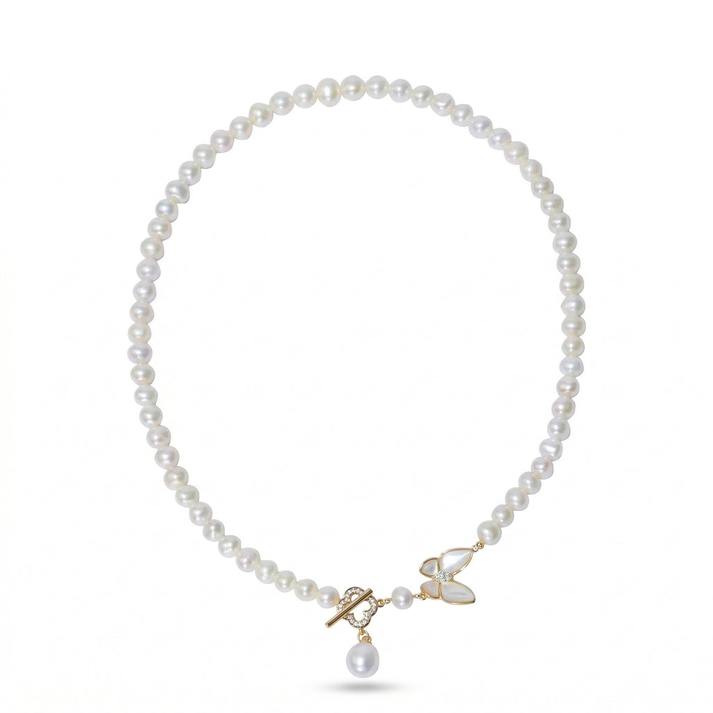 Elegant Pearl Necklace with Butterfly and Pearl Pendant