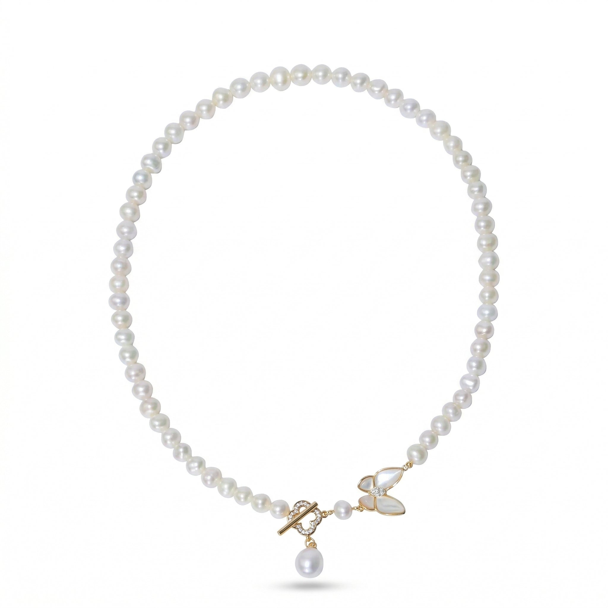 Elegant Pearl Necklace with Butterfly and Pearl Pendant