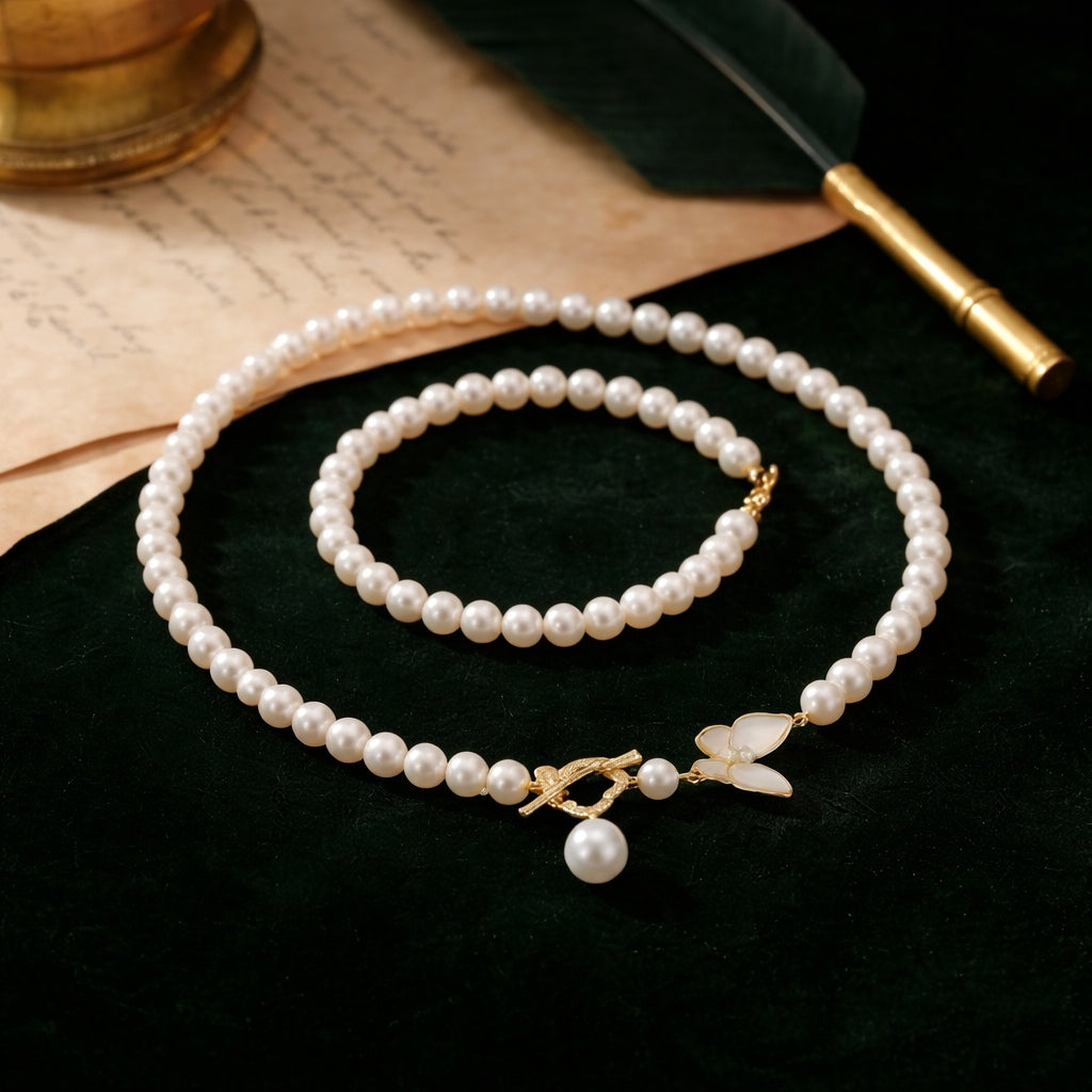 Elegant Pearl Necklace with Butterfly and Pearl Pendant