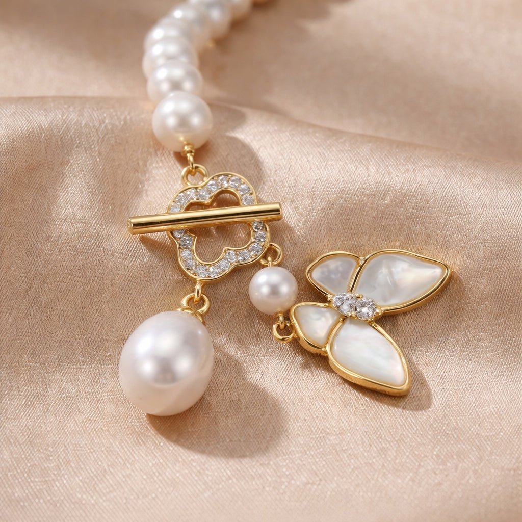 Elegant Pearl Necklace with Butterfly and Pearl Pendant