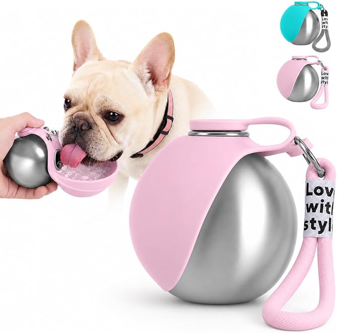 Portable Dog Water Bottle, 10 oz Stainless Steel Pet Travel Dispenser with Silicone Foldable Bowl, Leak Proof Tumbler, Dog Walking Accessories for Hiking and Small Pets