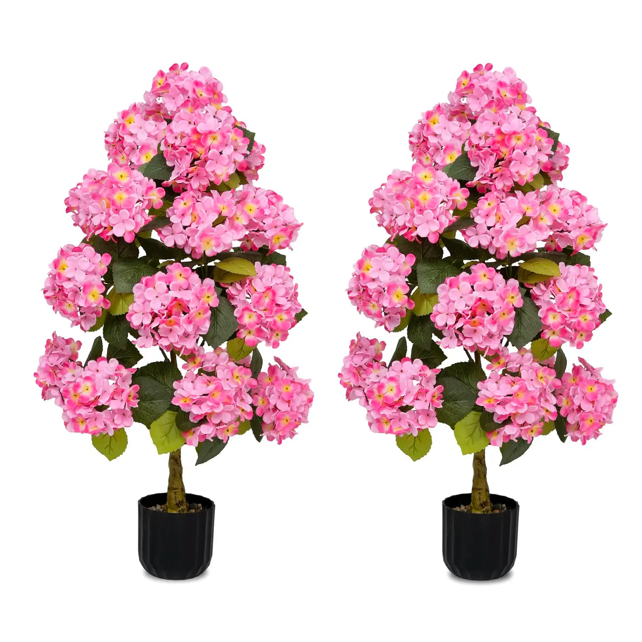 2 Pcs Artificial Hydrangea Flower Pot, Realistic Silk Hydrangea Flower Tree with Decorative Pebbles and Planter, Suitable for Home, Office, Patio, Porch, Indoor and Outdoor Decoration