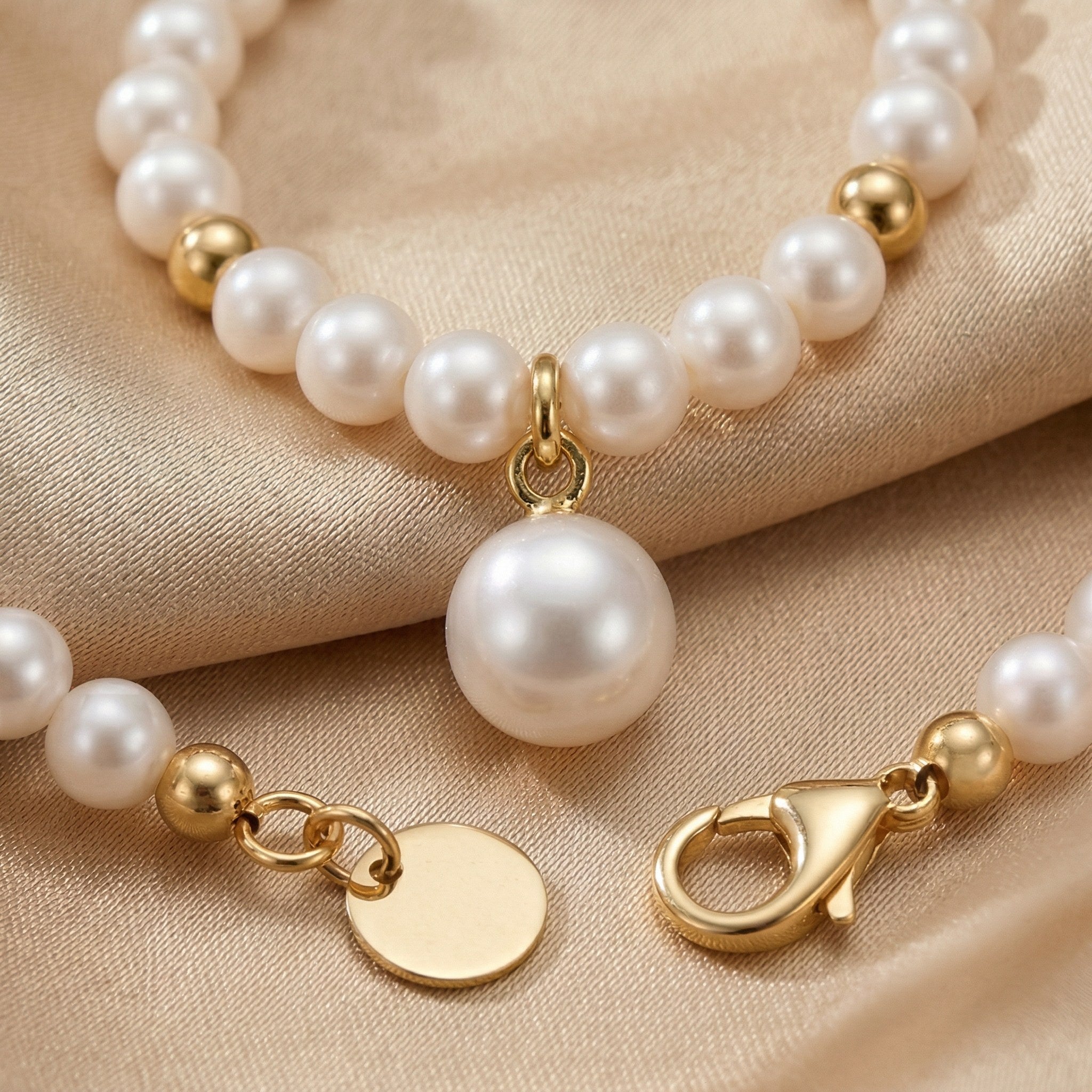 Elegant Freshwater Pearl Bracelet with Gold Accents and Teardrop Pendant