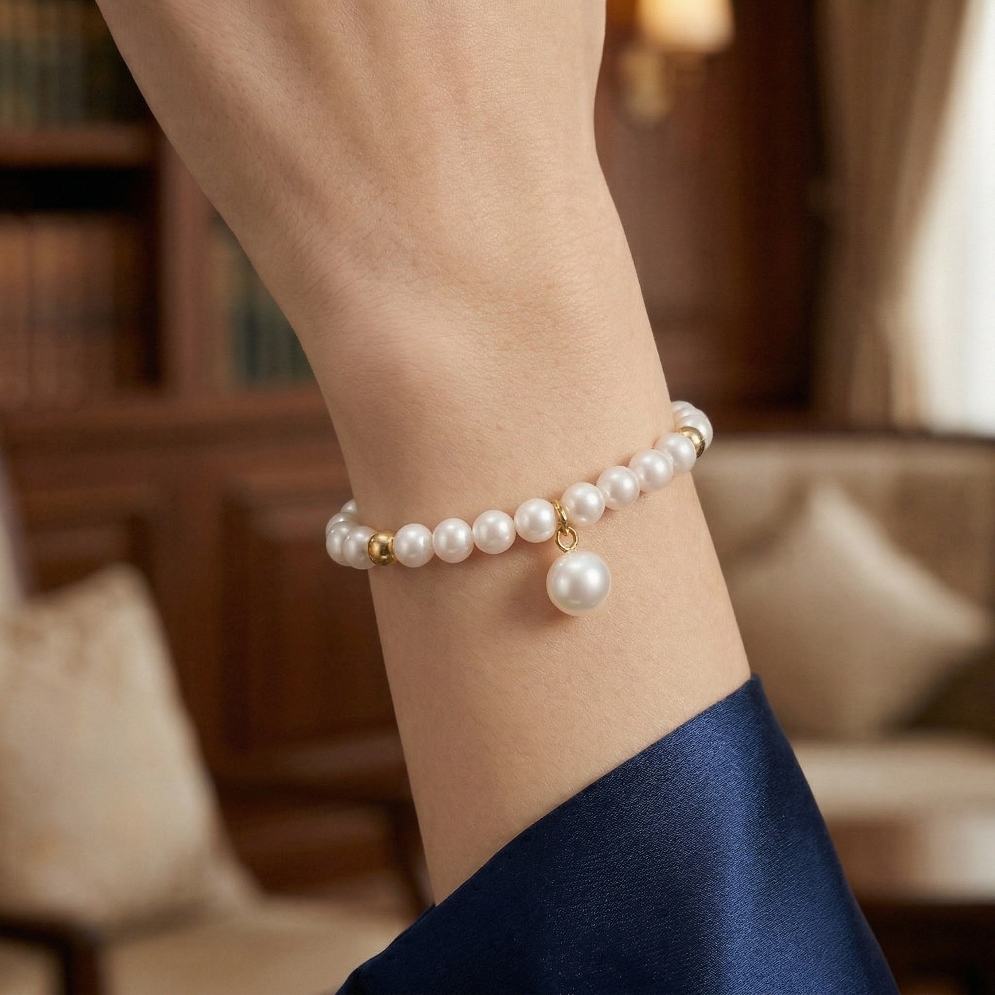 Elegant Freshwater Pearl Bracelet with Gold Accents and Teardrop Pendant