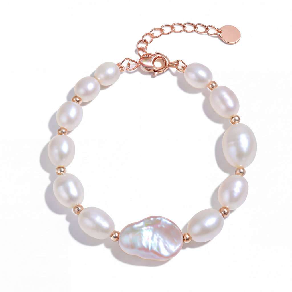 Elegant Freshwater Pearl Bracelet with Rose Gold Accents and Baroque Pendant