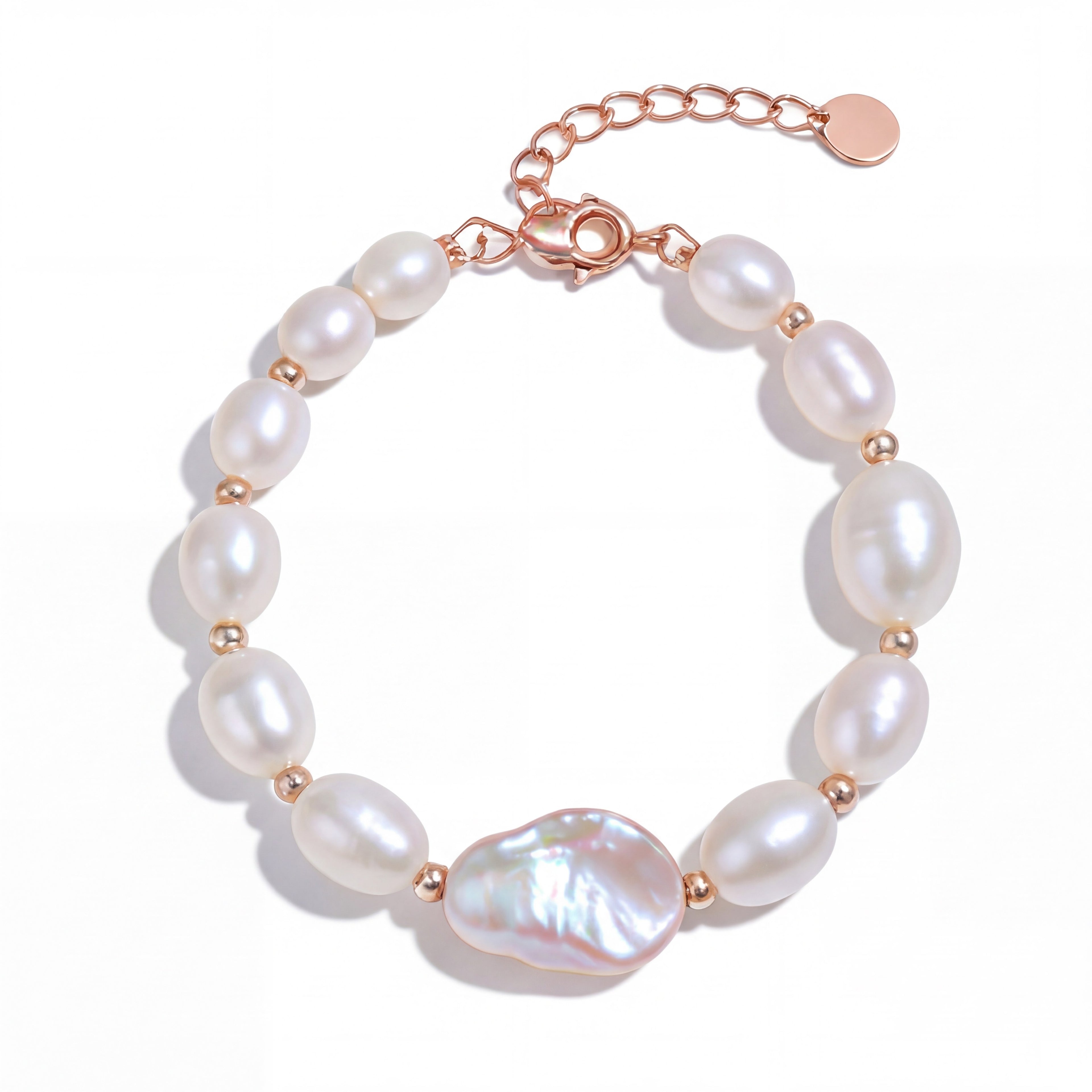 Elegant Freshwater Pearl Bracelet with Rose Gold Accents and Baroque Pendant
