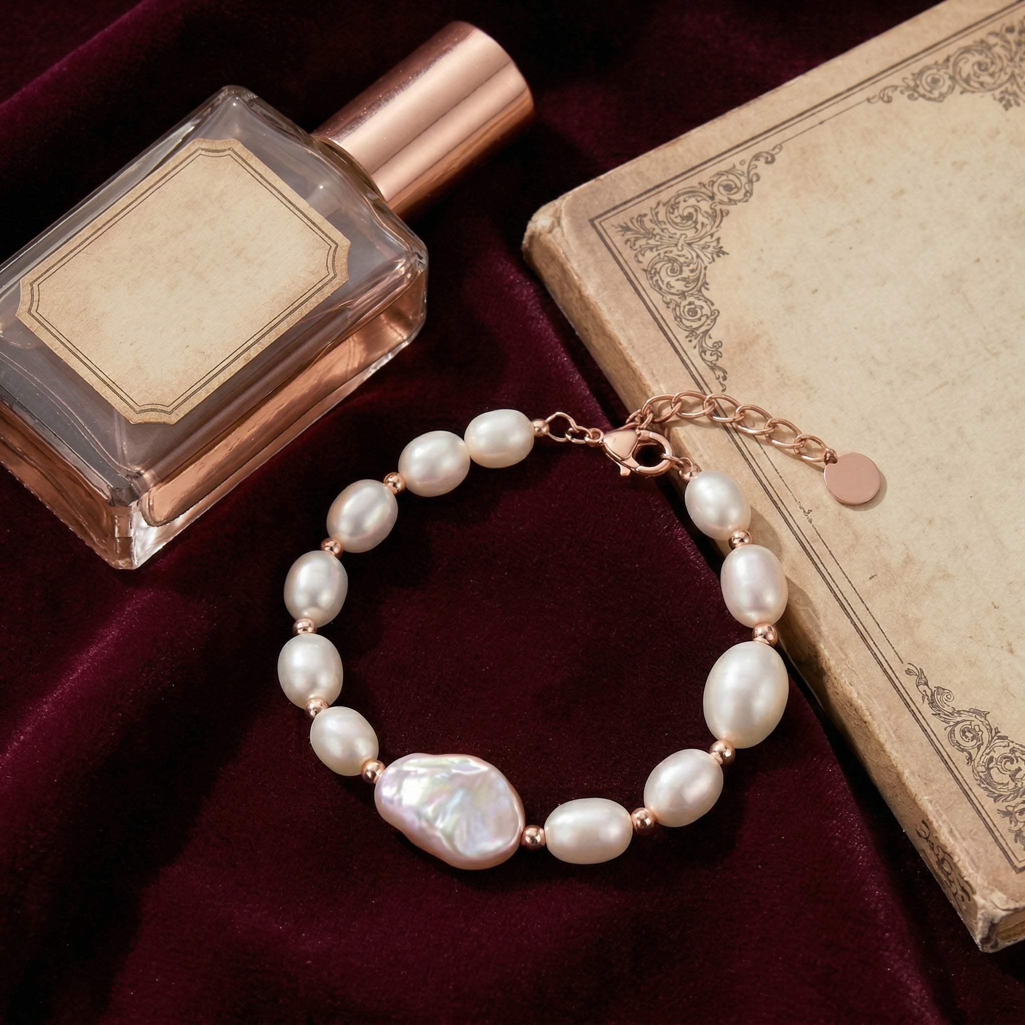 Elegant Freshwater Pearl Bracelet with Rose Gold Accents and Baroque Pendant