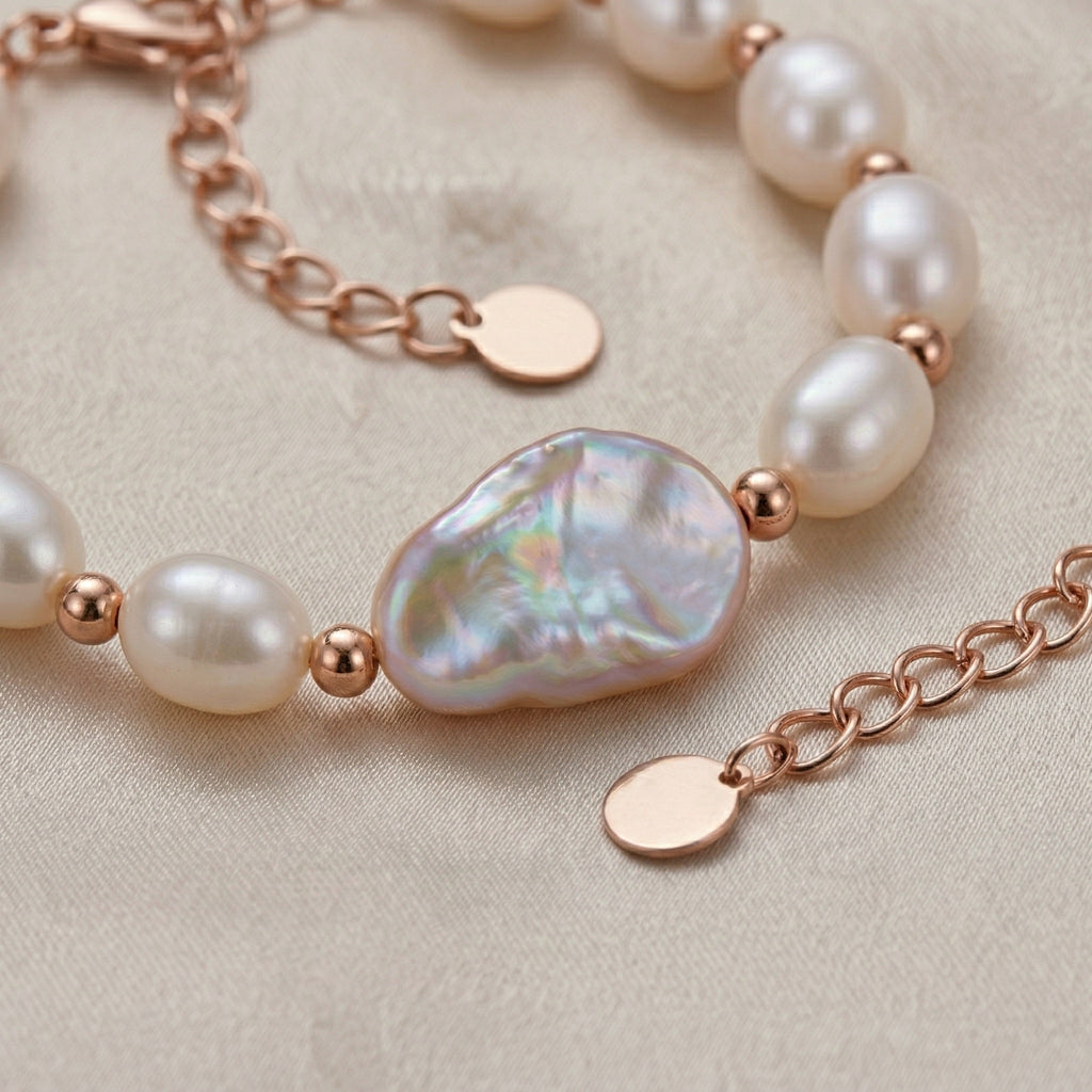 Elegant Freshwater Pearl Bracelet with Rose Gold Accents and Baroque Pendant