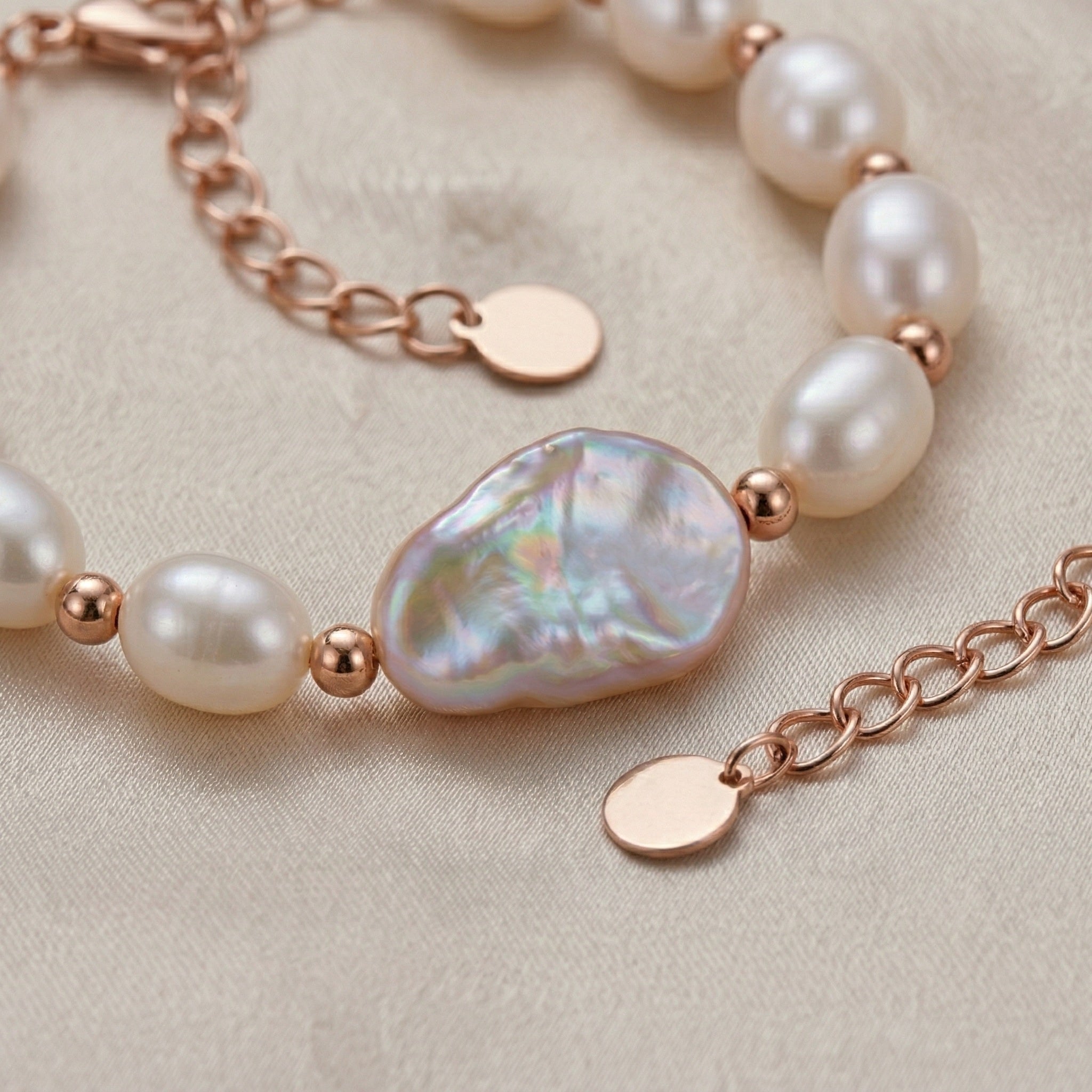 Elegant Freshwater Pearl Bracelet with Rose Gold Accents and Baroque Pendant