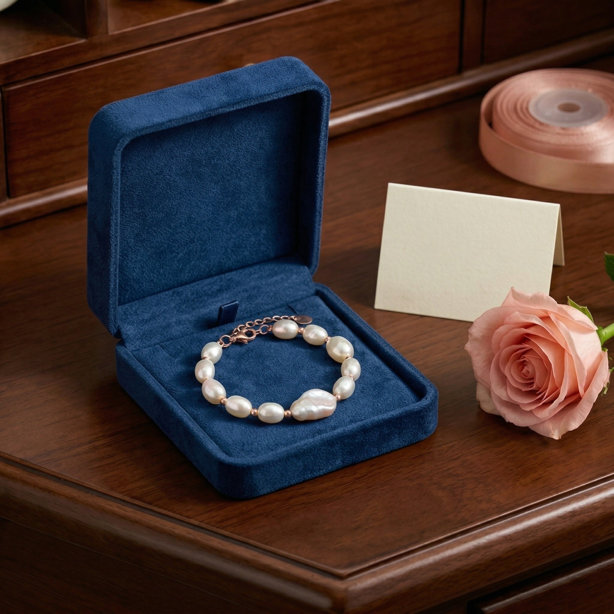 Elegant Freshwater Pearl Bracelet with Rose Gold Accents and Baroque Pendant