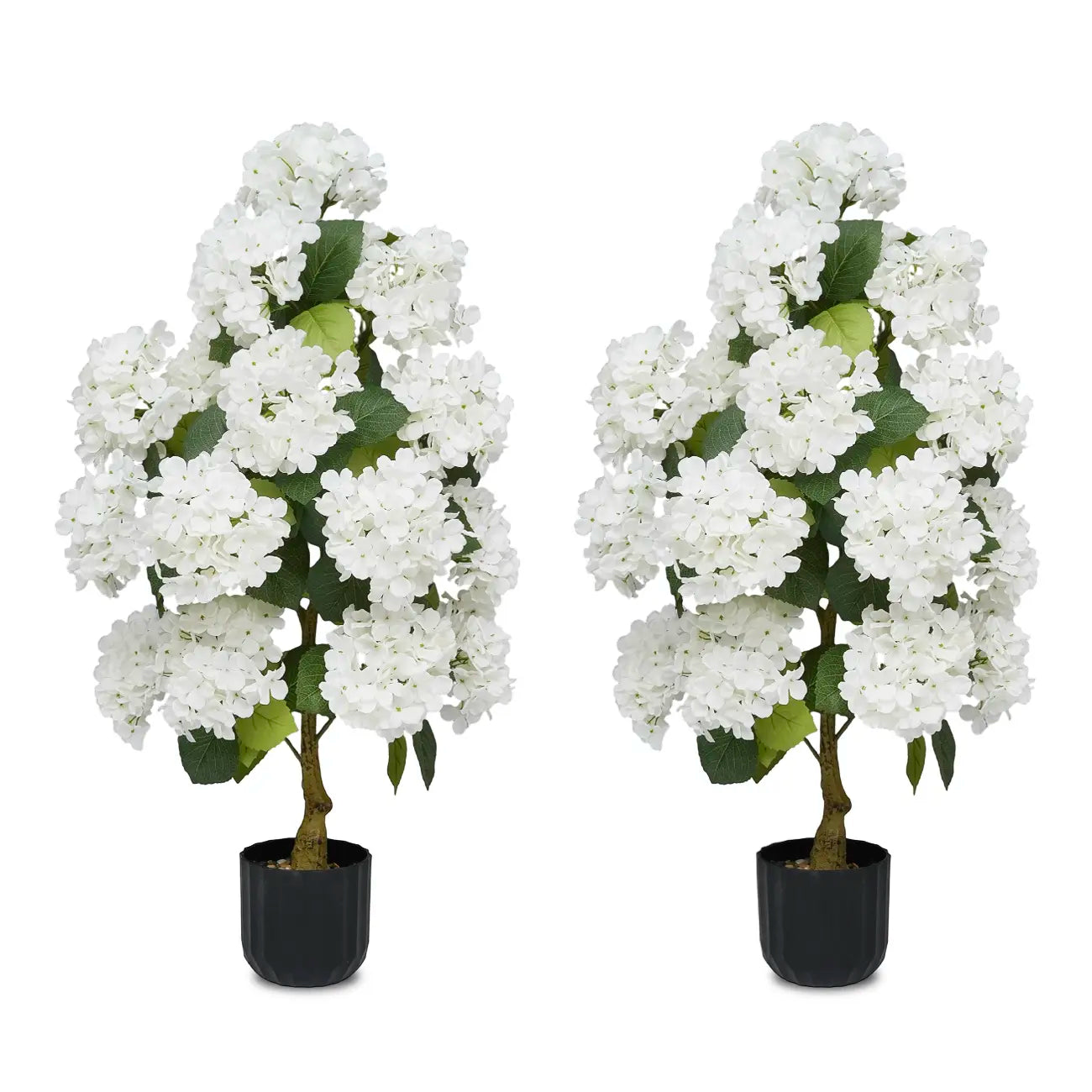 2 Pcs Artificial Hydrangea Flower Pot, Realistic Silk Hydrangea Flower Tree with Decorative Pebbles and Planter, Suitable for Home, Office, Patio, Porch, Indoor and Outdoor Decoration
