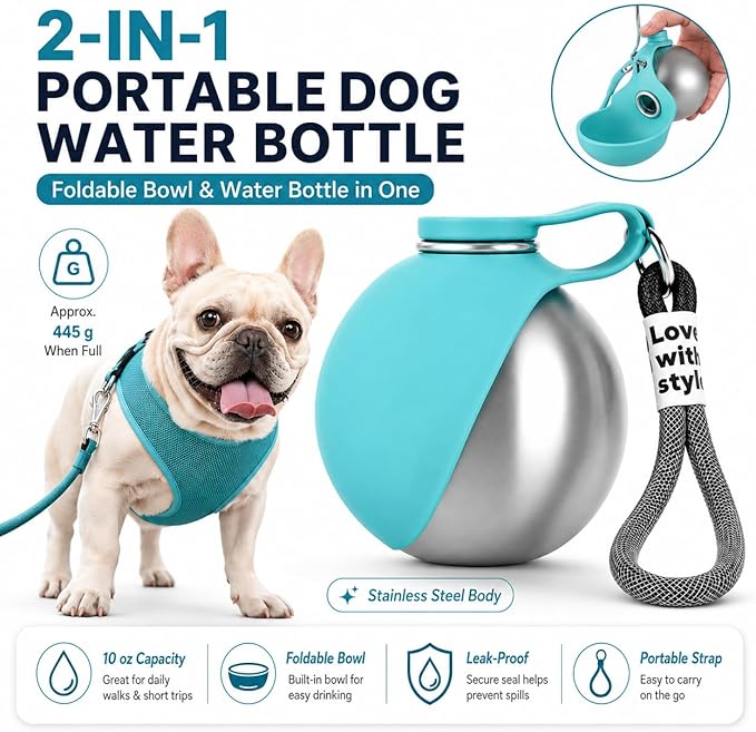 Portable Dog Water Bottle, 10 oz Stainless Steel Pet Travel Dispenser with Silicone Foldable Bowl, Leak Proof Tumbler, Dog Walking Accessories for Hiking and Small Pets