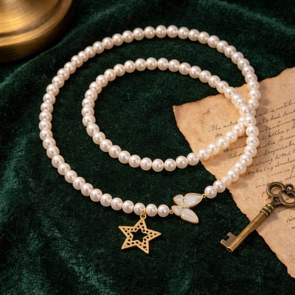 Elegant Pearl Necklace with Star and Butterfly Pendant