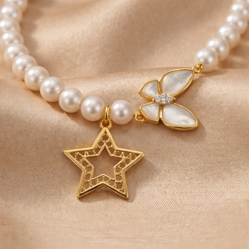 Elegant Pearl Necklace with Star and Butterfly Pendant