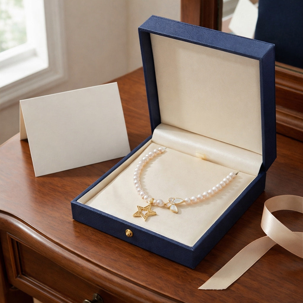 Elegant Pearl Necklace with Star and Butterfly Pendant