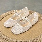 Vintage Lace Mary Jane Flats - Breathable Square Toe Walking Shoes with Elegant Bow Accent | Timeless Comfort for Gentle Steps