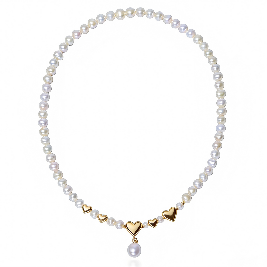 Pearl Necklace with Heart-Shaped Gold Pendants and Droplet Pearl