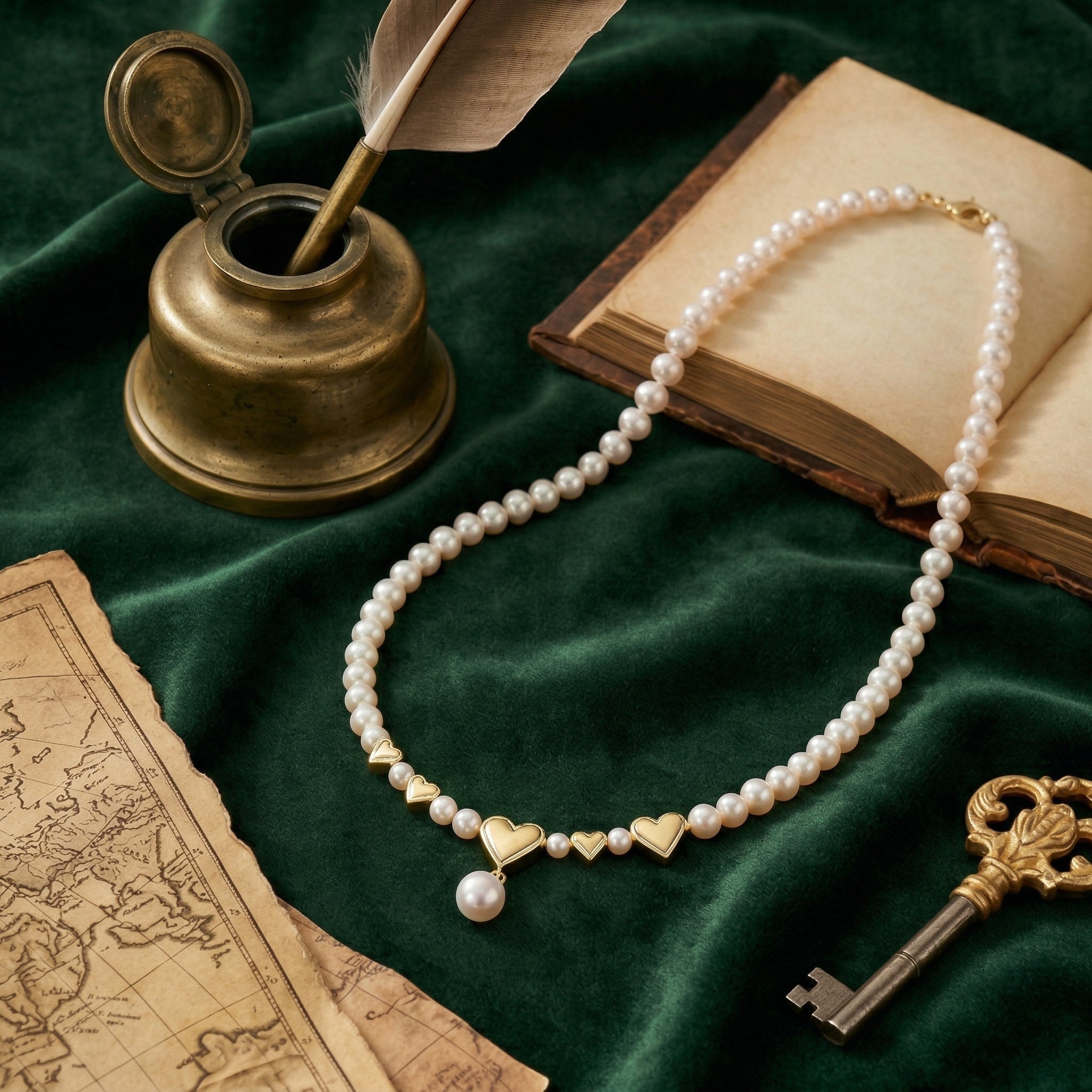 Pearl Necklace with Heart-Shaped Gold Pendants and Droplet Pearl