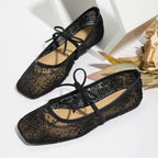 Vintage Lace Mary Jane Flats - Breathable Square Toe Walking Shoes with Elegant Bow Accent | Timeless Comfort for Gentle Steps