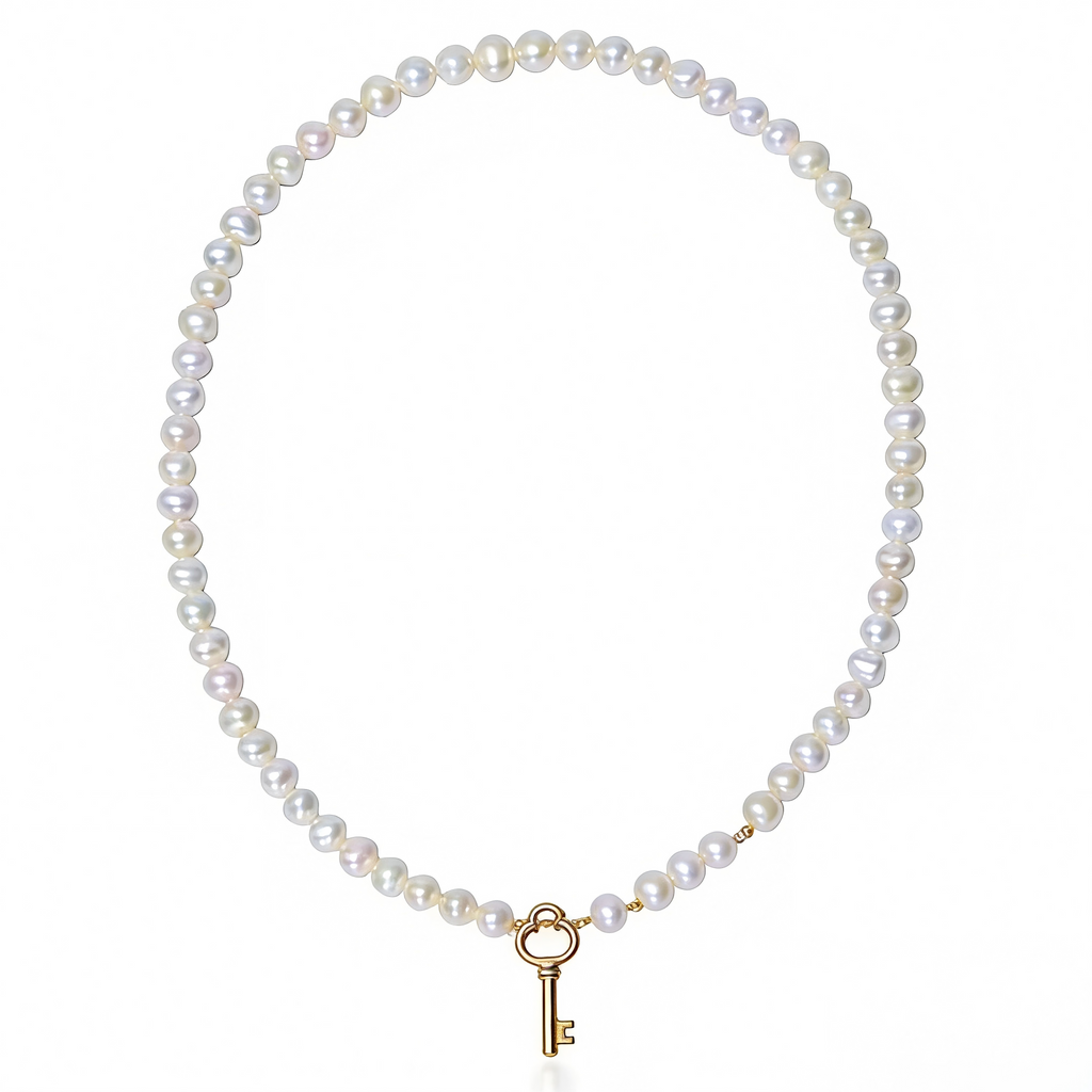 Elegant Pearl Necklace with Gold Key Pendant