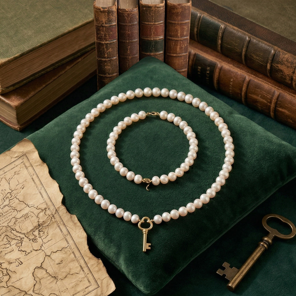 Elegant Pearl Necklace with Gold Key Pendant