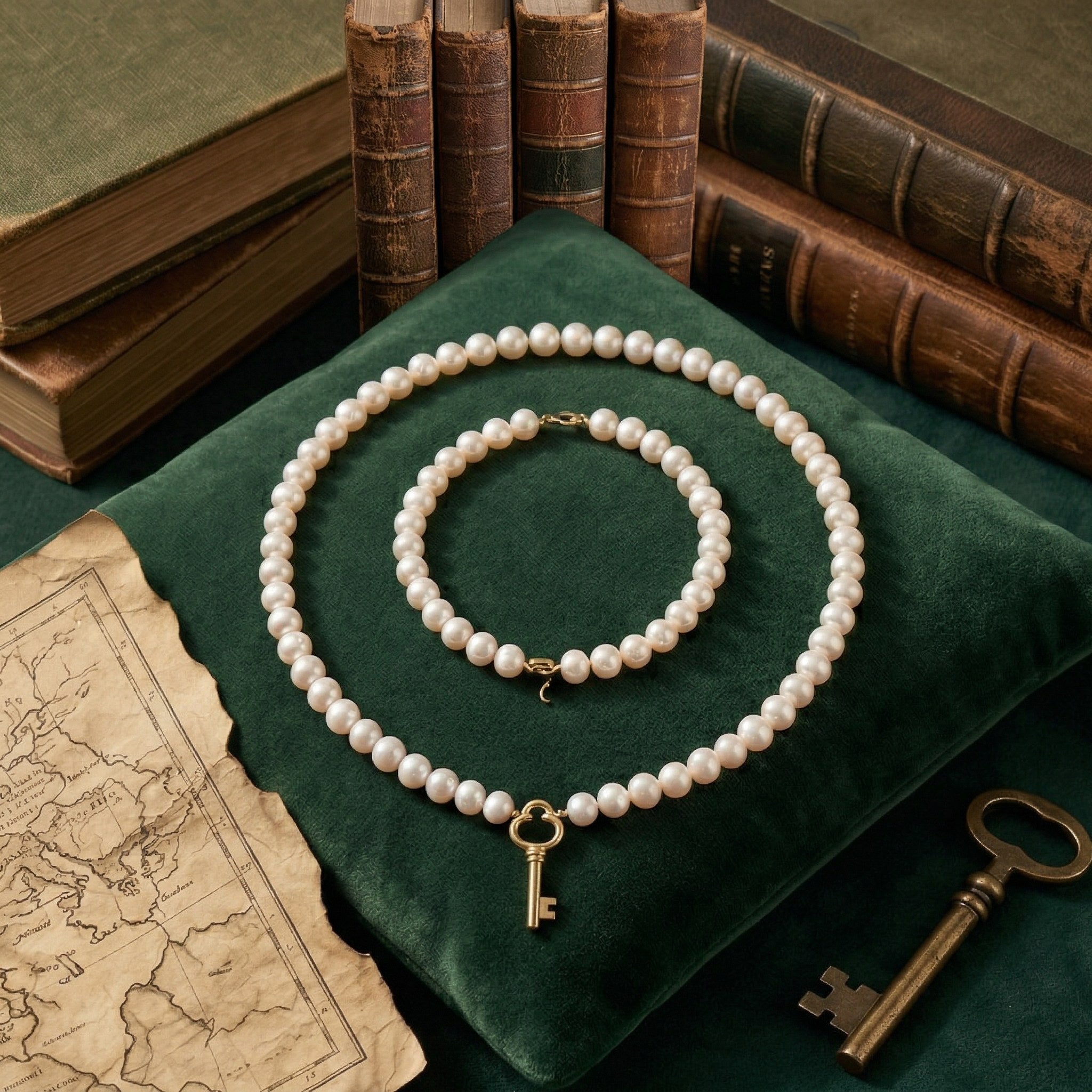 Elegant Pearl Necklace with Gold Key Pendant