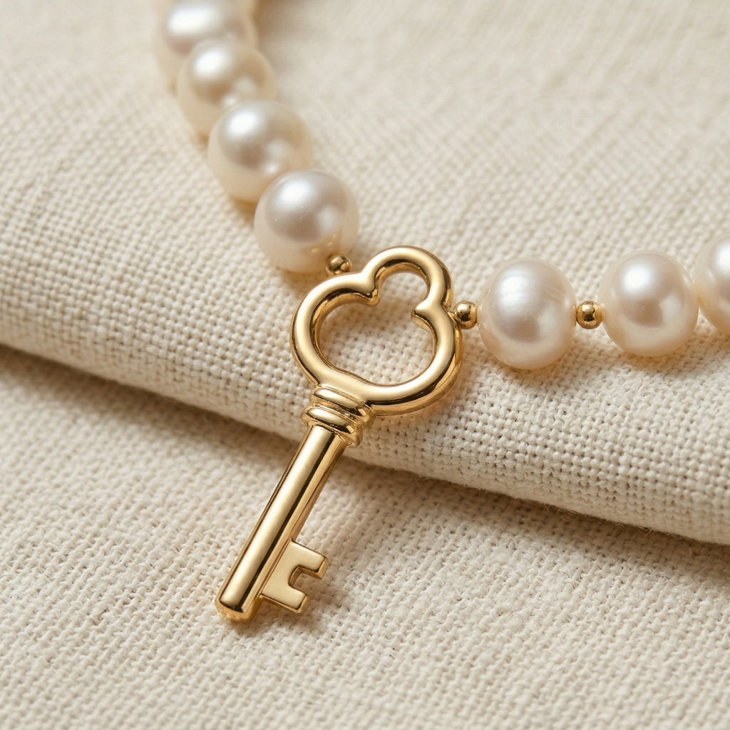 Elegant Pearl Necklace with Gold Key Pendant