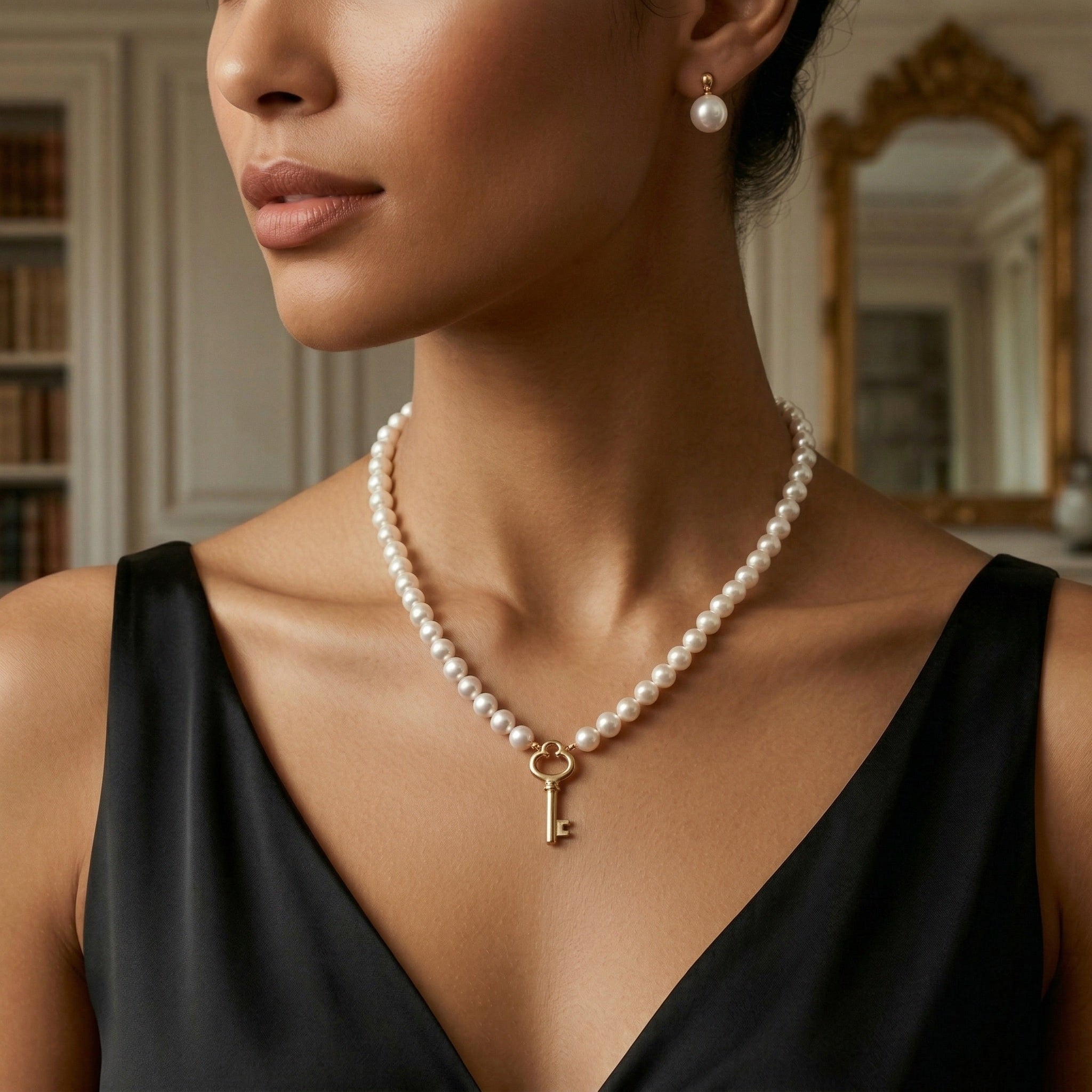 Elegant Pearl Necklace with Gold Key Pendant