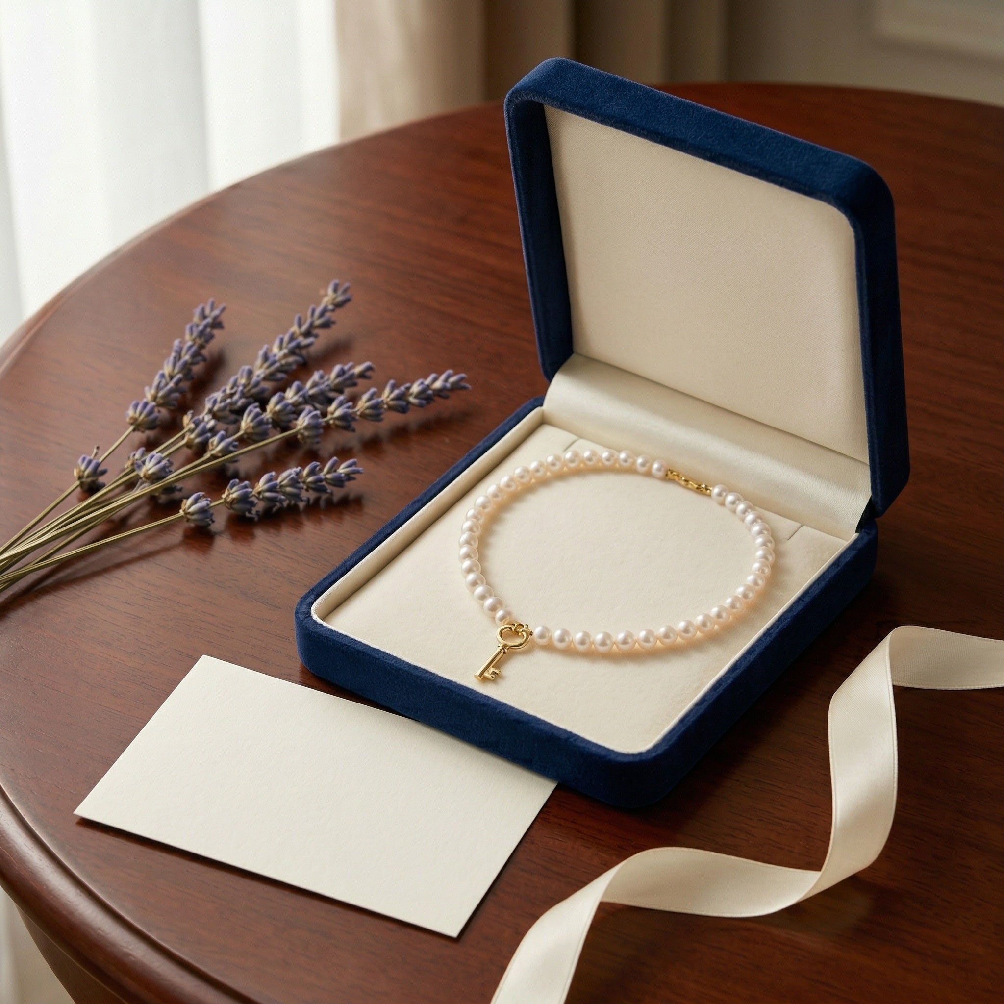 Elegant Pearl Necklace with Gold Key Pendant