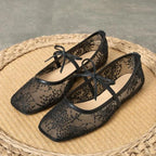 Vintage Lace Mary Jane Flats - Breathable Square Toe Walking Shoes with Elegant Bow Accent | Timeless Comfort for Gentle Steps