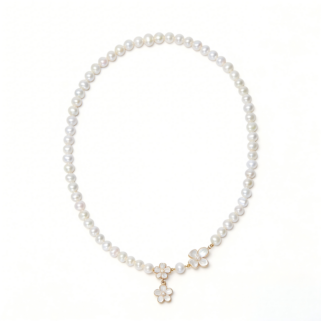 Delicate Pearl Necklace with Flower Pendant