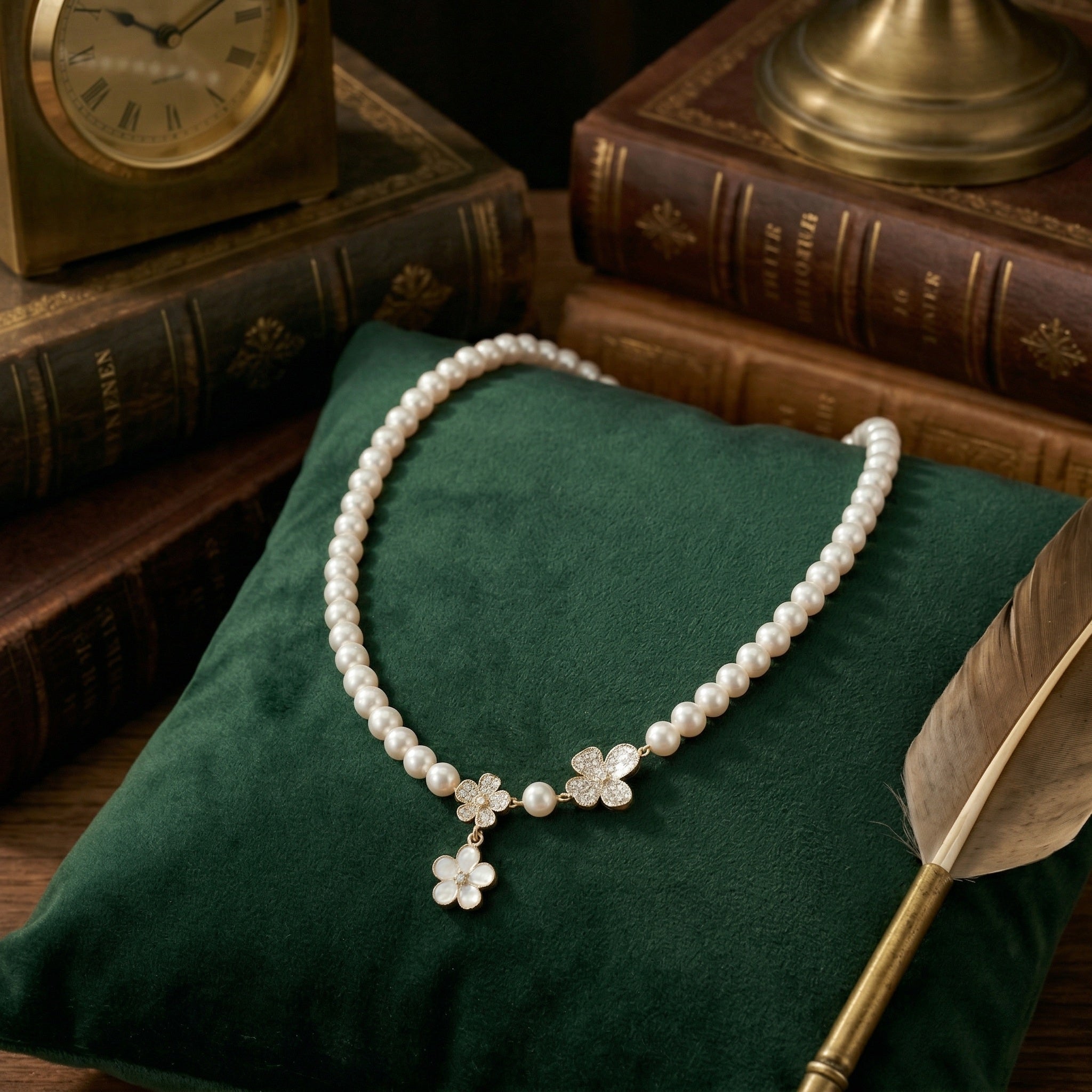 Delicate Pearl Necklace with Flower Pendant