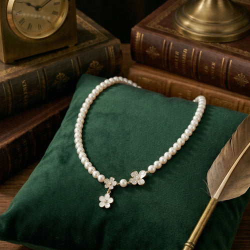 Delicate Pearl Necklace with Flower Pendant