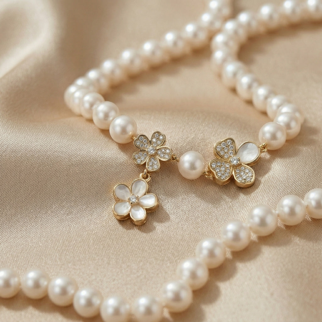 Delicate Pearl Necklace with Flower Pendant
