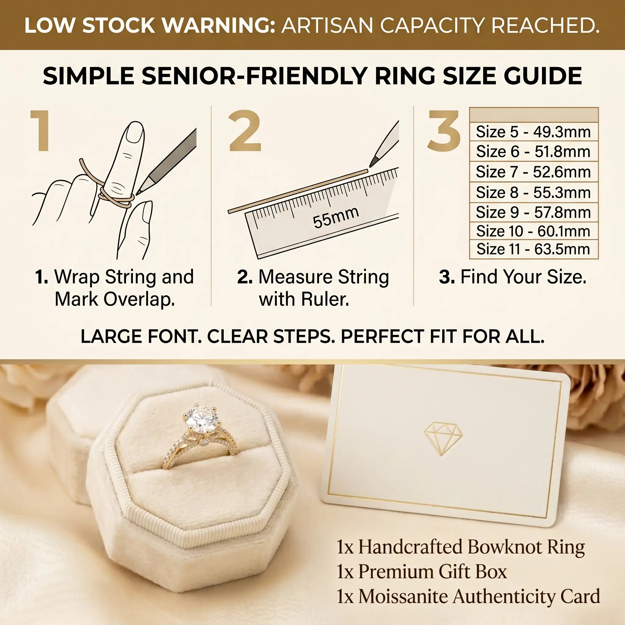 🔥 LAST DAY 90% OFF: Artisan Handcrafted Hypoallergenic Flawless Moissanite Bowknot Ring in 14K Gold Over 925 Silver