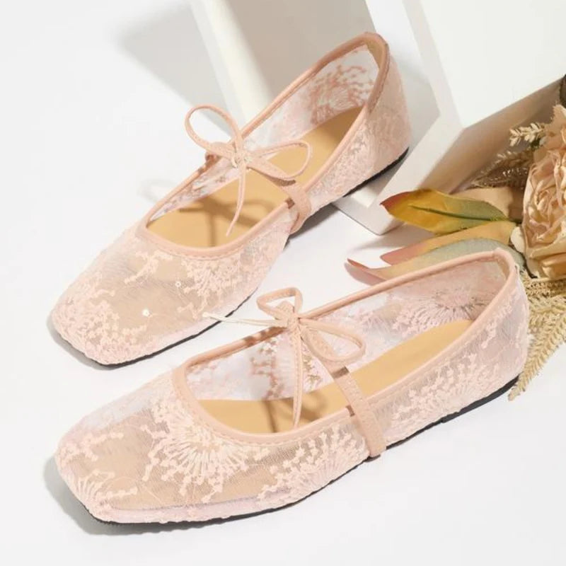 Vintage Lace Mary Jane Flats - Breathable Square Toe Walking Shoes with Elegant Bow Accent | Timeless Comfort for Gentle Steps
