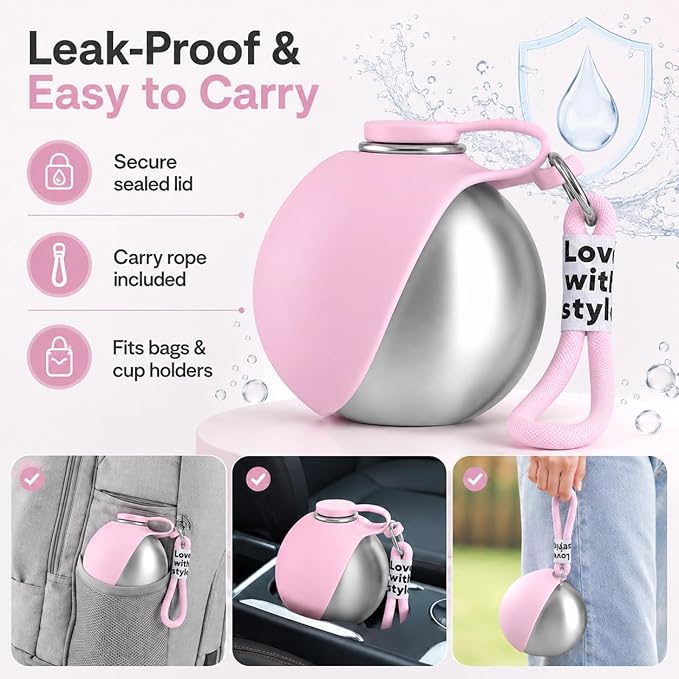 Portable Dog Water Bottle, 10 oz Stainless Steel Pet Travel Dispenser with Silicone Foldable Bowl, Leak Proof Tumbler, Dog Walking Accessories for Hiking and Small Pets