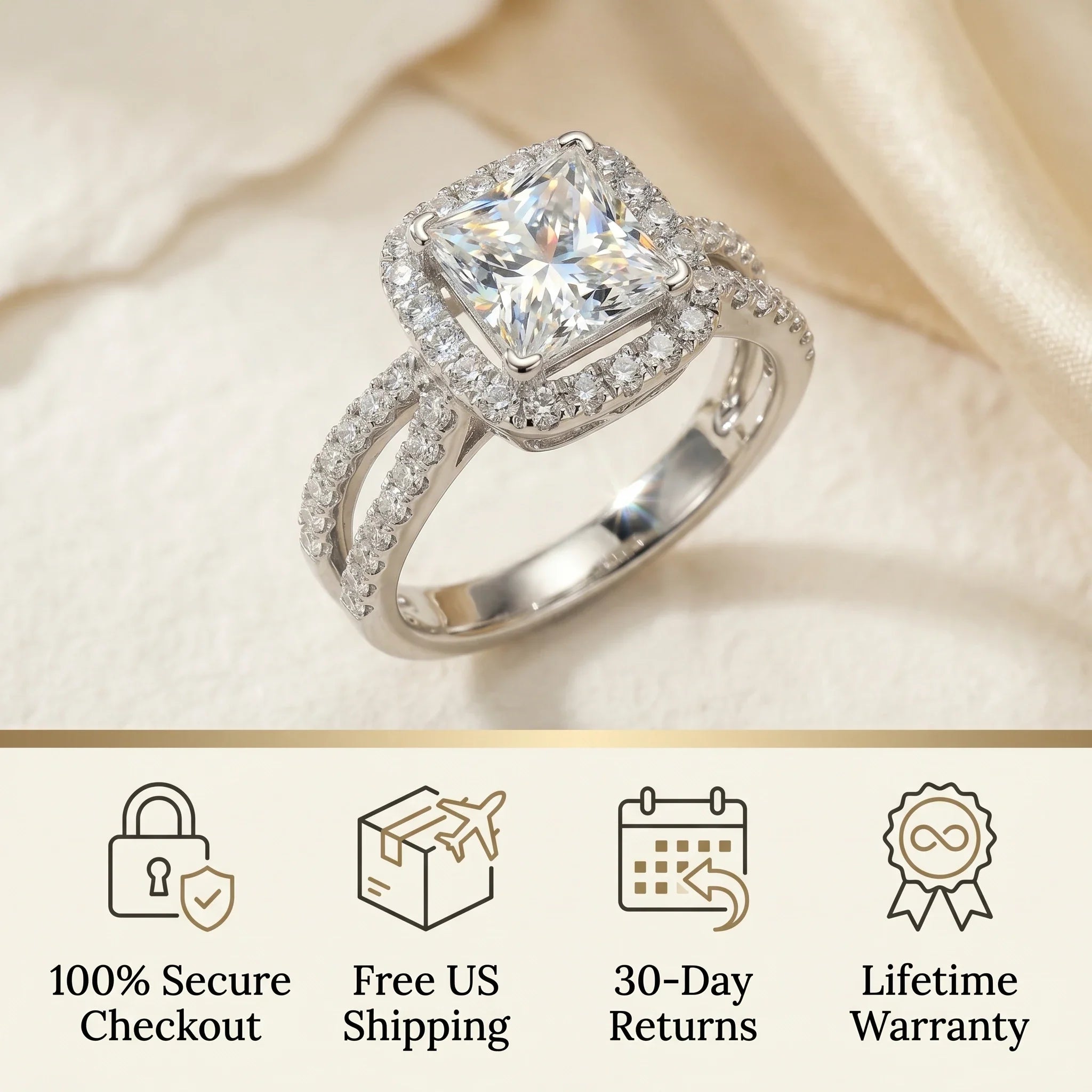 🔥 LAST DAY 90% OFF: Halo Brilliance Travel-Safe Flawless Moissanite Classic Cushion Halo Ring in 925 Sterling Silver