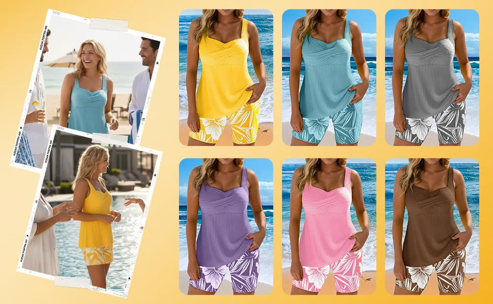 Retro Vibrant Printed 2-Piece Tankini Set | Sun Protection Body-Covering Boxer Swimsuit for Women