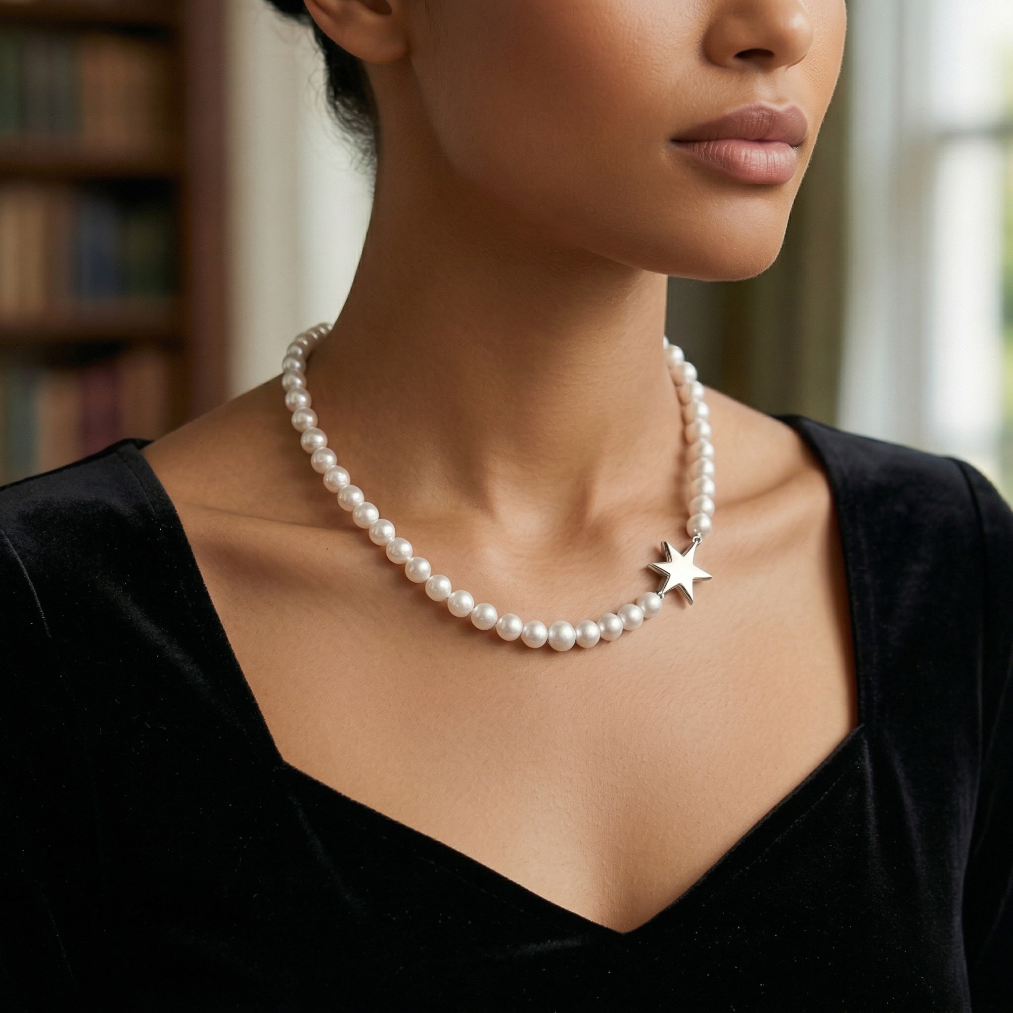 Timeless Pearl Necklace with Silver Star Pendant