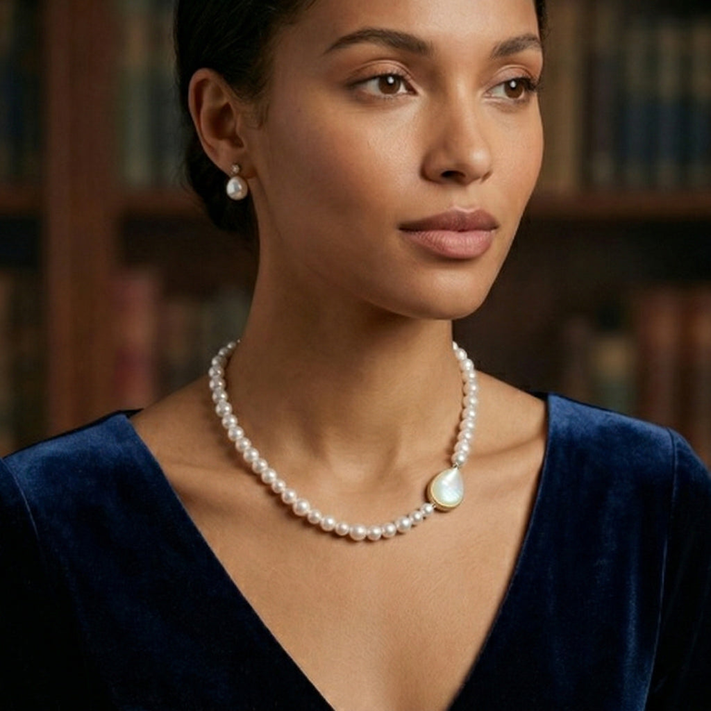 Elegant Pearl Necklace with Teardrop Mother-of-Pearl Pendant
