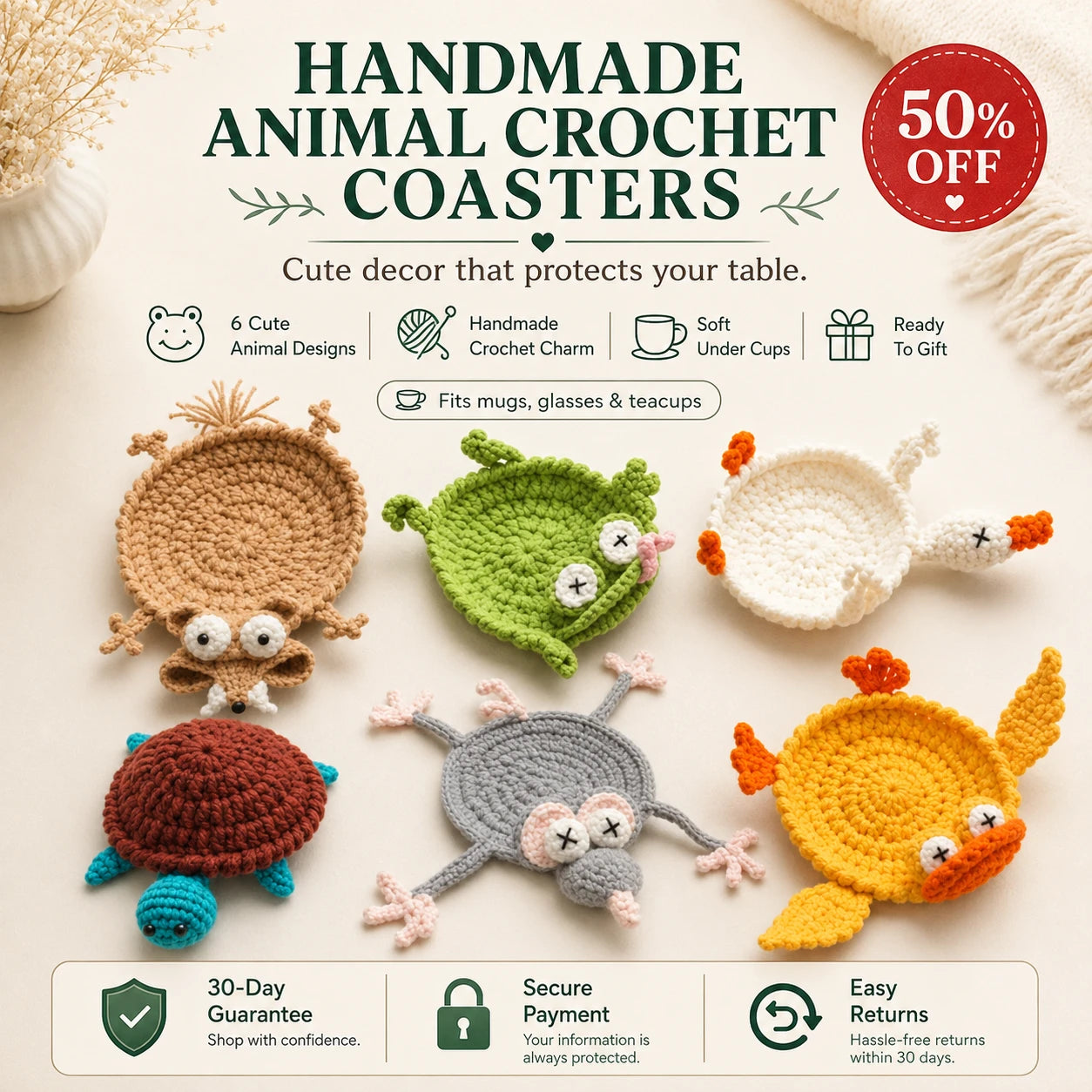 🔥Limited Time 50% Off:Handmade Animal Crochet Coasters - Limited Time Offer