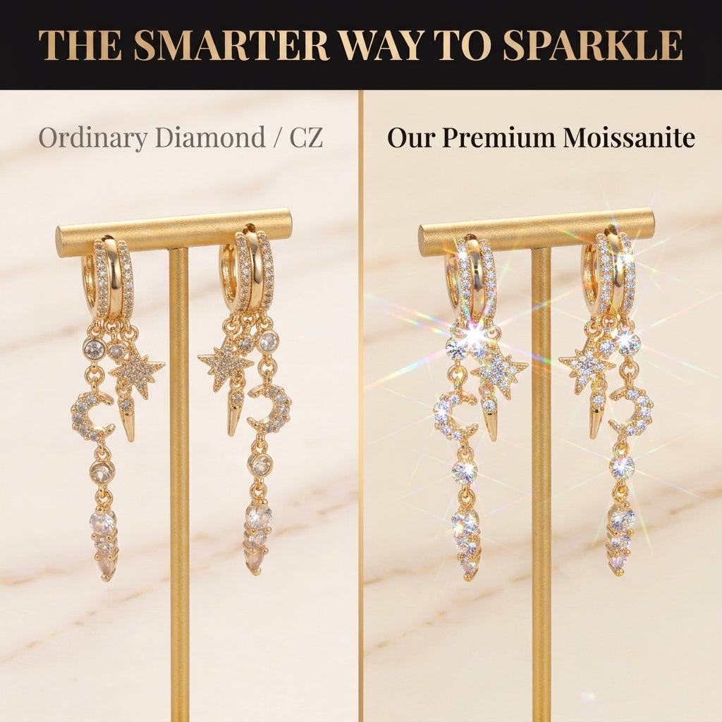 Celestial Elegance: Handmade Lab-Grown Diamond Star & Moon Drop Earrings