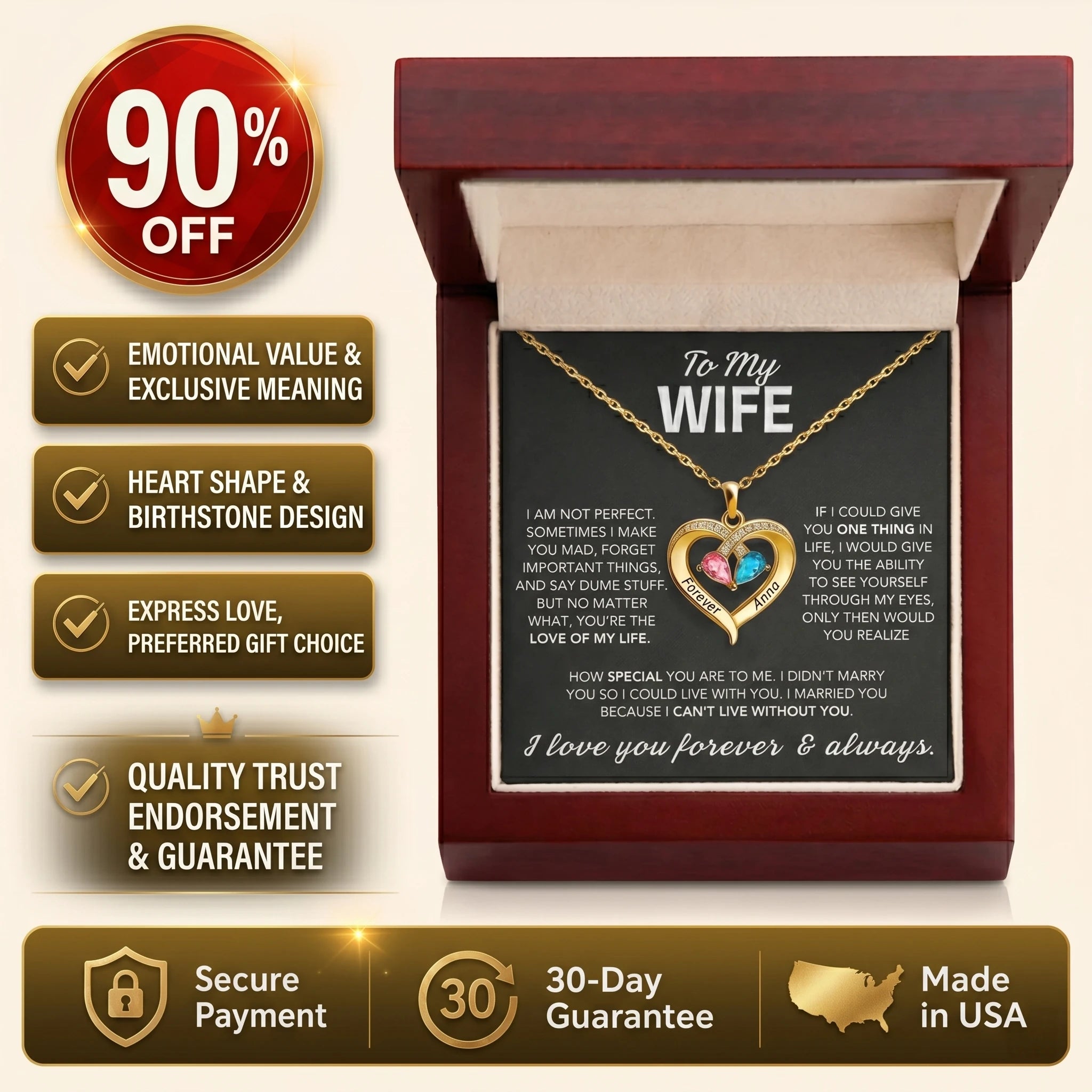 🎁  Last Day 90% OFF -To My Wife – Birthstone Heart Necklace