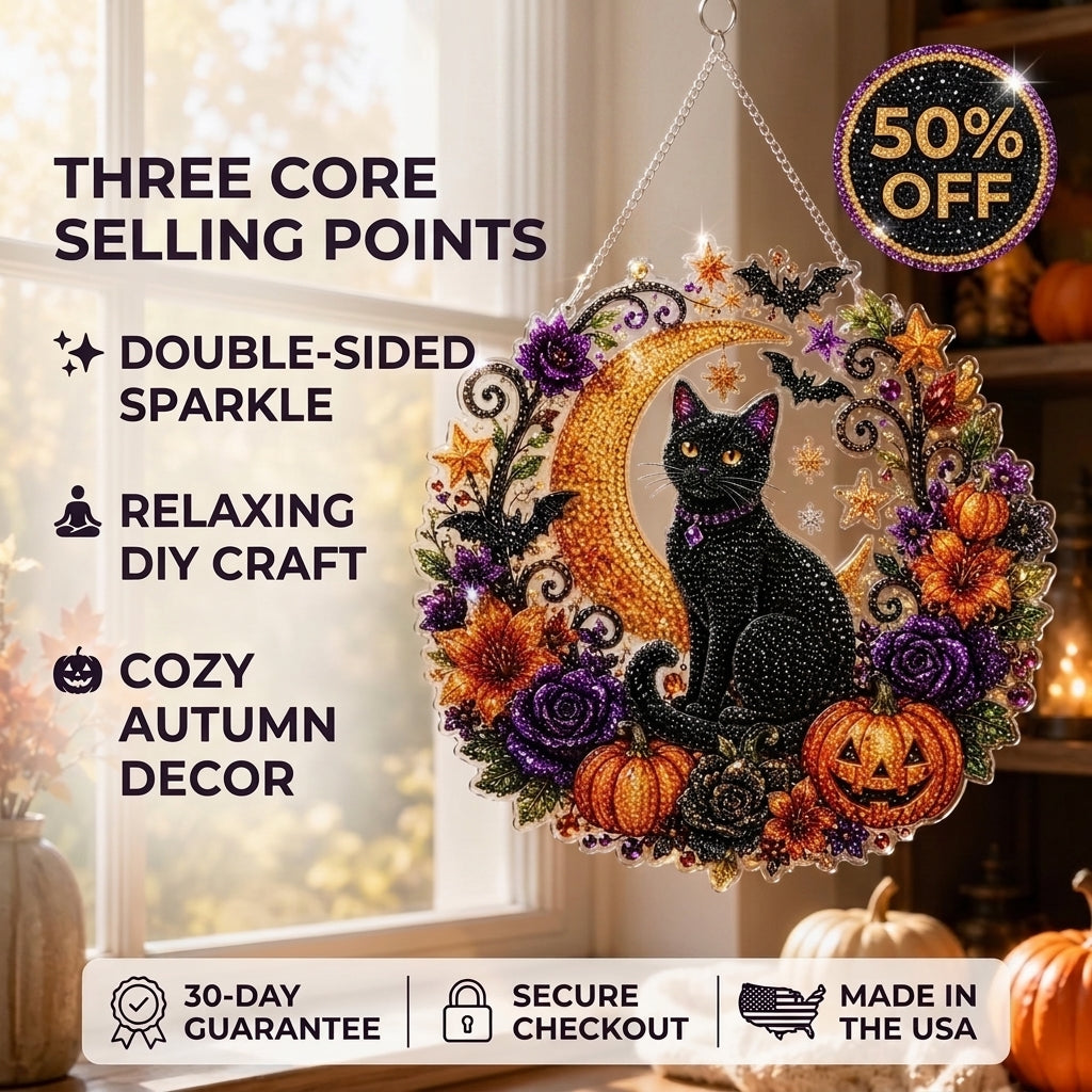 🔥Last Day 50% OFF-🎃Halloween Black Cat Moon Diamond Art Hanging Ornament Kit