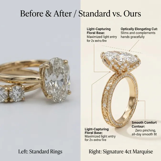 Brilliant 4-Carat Marquise Solitaire Ring with Vintage Floral Setting | Comfortable Everyday Elegance & Sparkle
