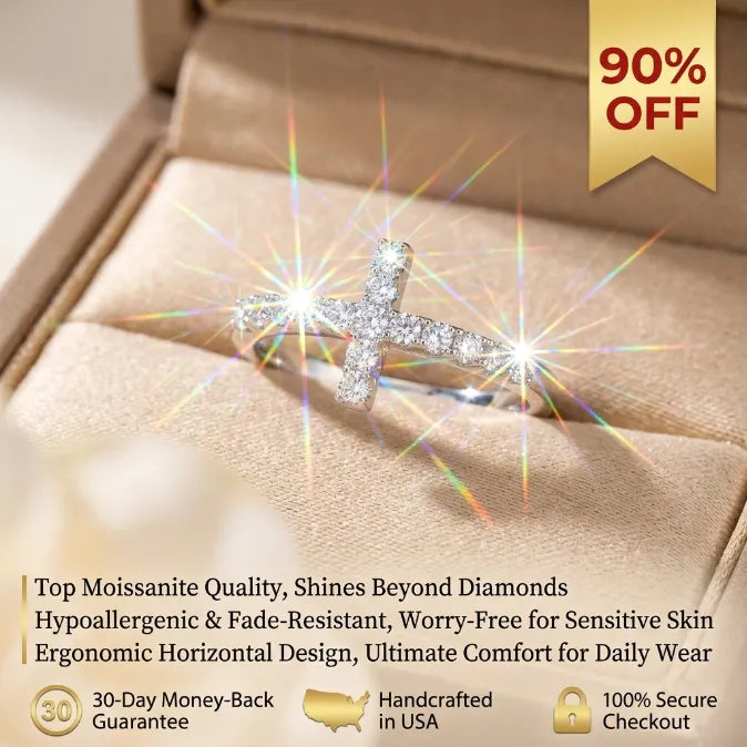Moissanite Sideways Cross Ring in 925 Sterling Silver | Hypoallergenic Everyday Faith Jewelry
