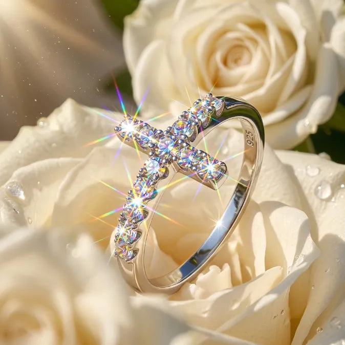 Moissanite Sideways Cross Ring in 925 Sterling Silver | Hypoallergenic Everyday Faith Jewelry